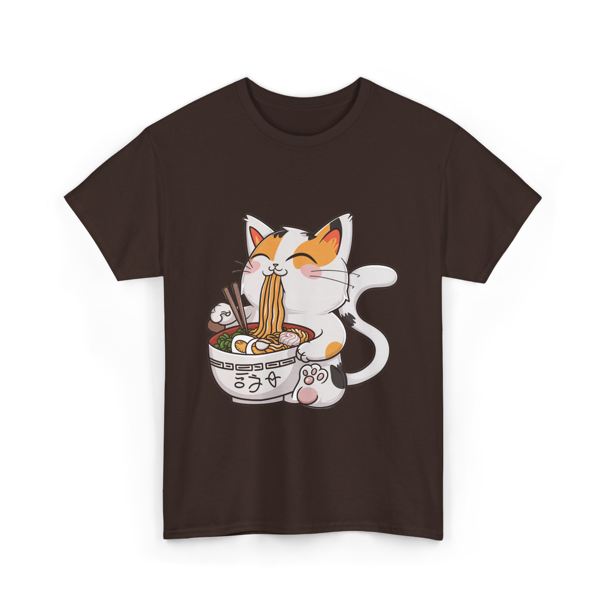 Cute Cat Eating Noodles Cat Lover T-Shirt - Dark Chocolate