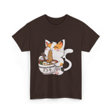 Cute Cat Eating Noodles Cat Lover T-Shirt - Dark Chocolate