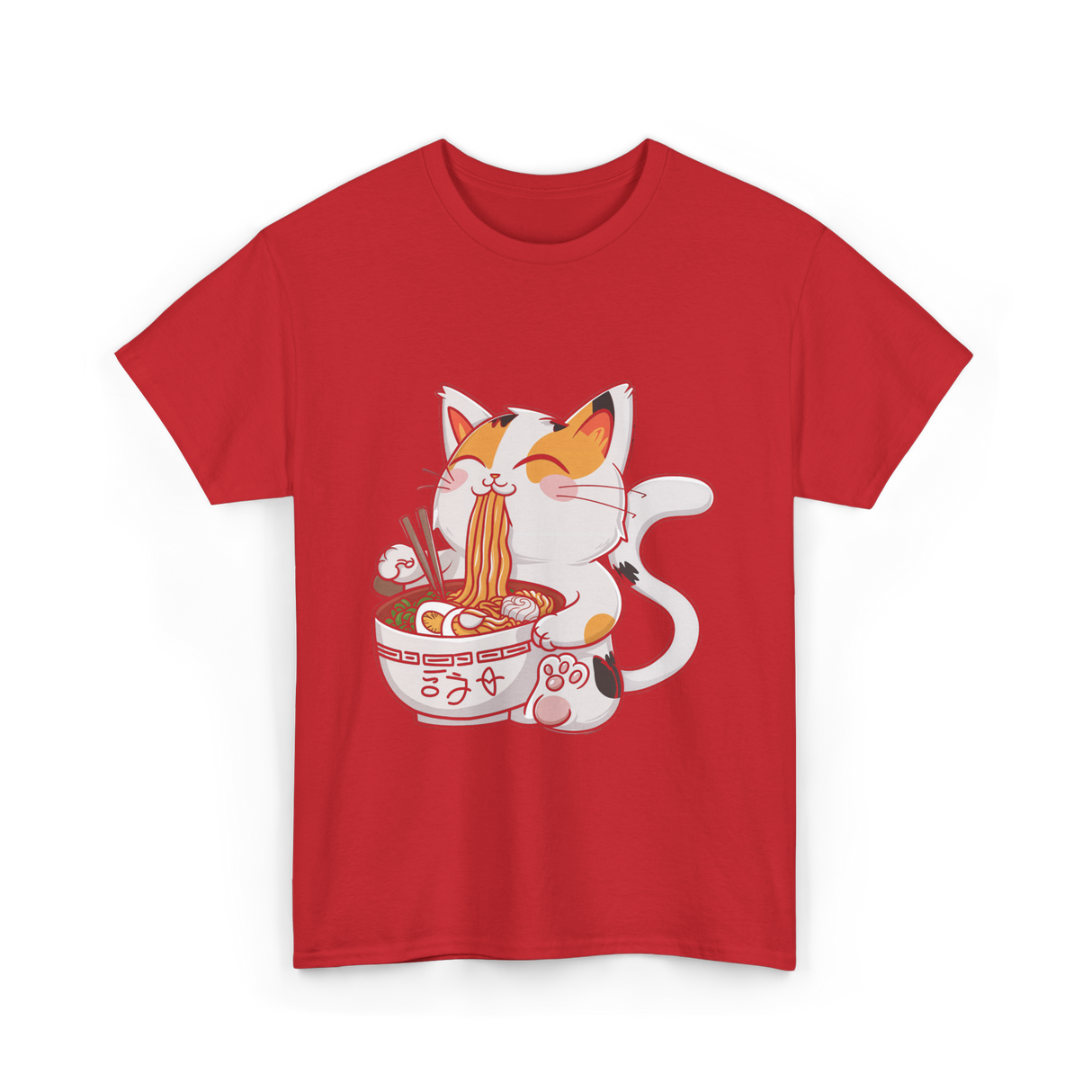 Cute Cat Eating Noodles Cat Lover T-Shirt - Red