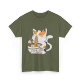 Cute Cat Eating Noodles Cat Lover T-Shirt - Military Green