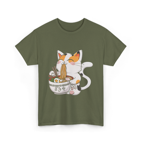 Cute Cat Eating Noodles Cat Lover T-Shirt - Military Green