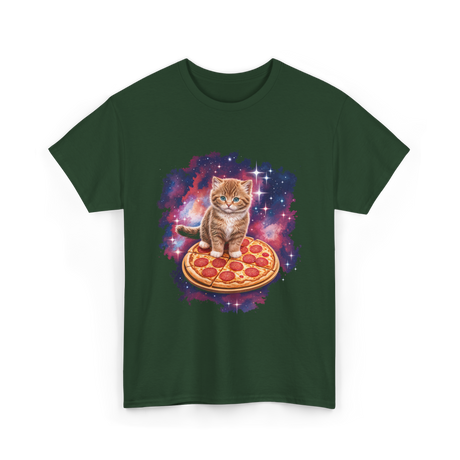 Cute Cat Pizza Space Cat T-Shirt - Forest Green