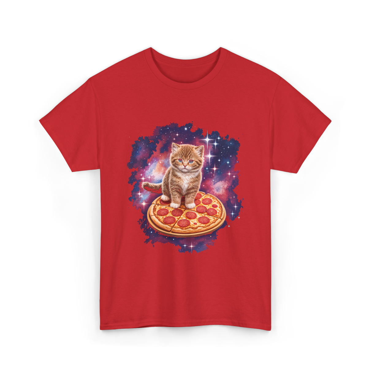 Cute Cat Pizza Space Cat T-Shirt - Red