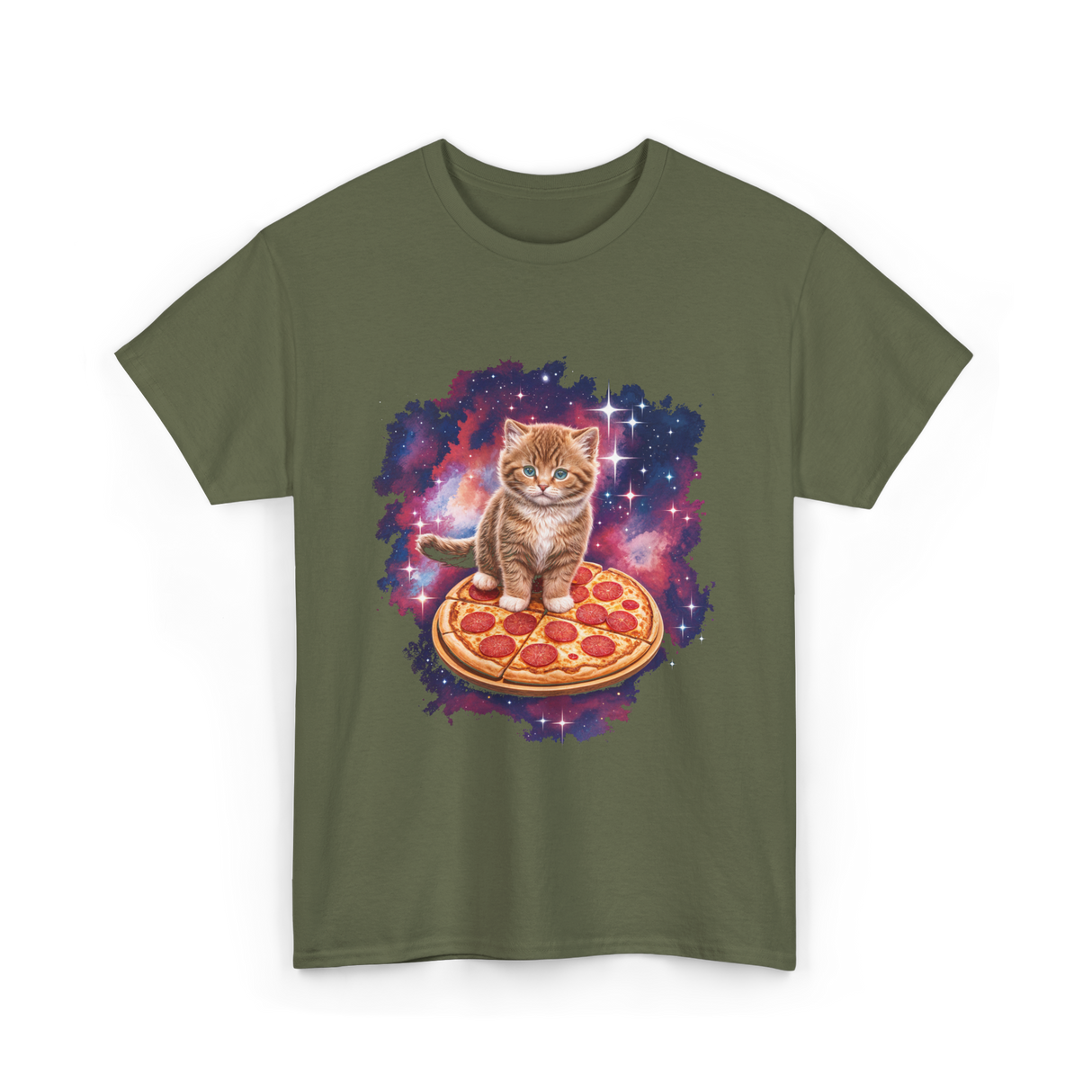 Cute Cat Pizza Space Cat T-Shirt - Military Green