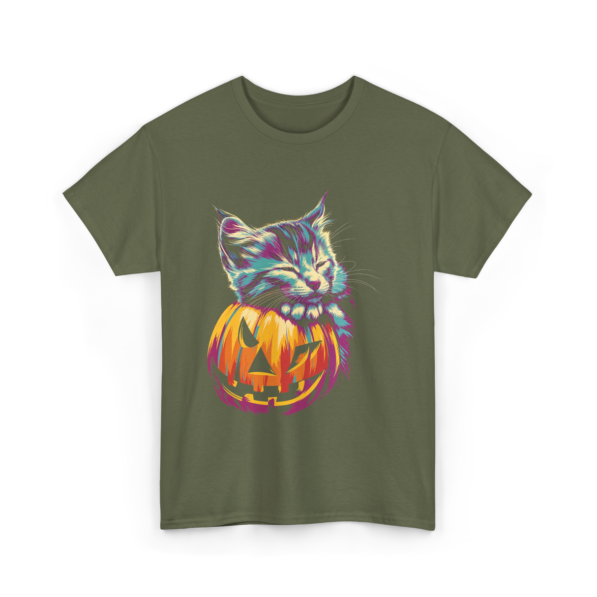 Cute Cat Pumpkin Halloween Cat Lover T-Shirt - Military Green