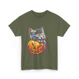 Cute Cat Pumpkin Halloween Cat Lover T-Shirt - Military Green