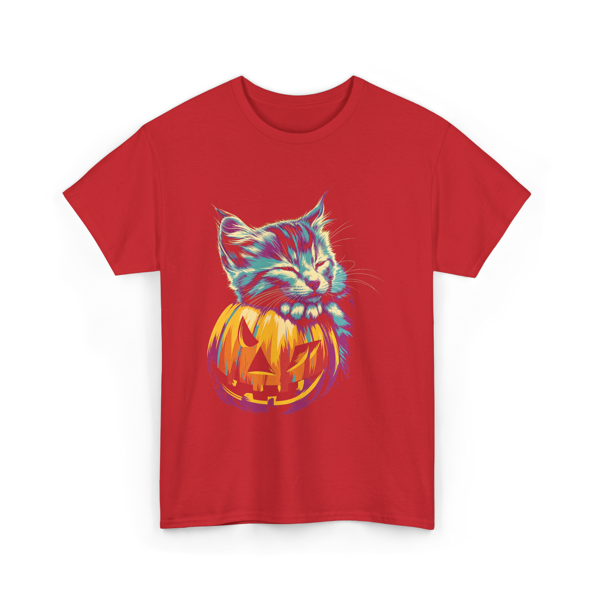 Cute Cat Pumpkin Halloween Cat Lover T-Shirt - Red