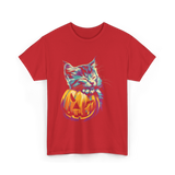 Cute Cat Pumpkin Halloween Cat Lover T-Shirt - Red