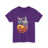 Cute Cat Pumpkin Halloween Cat Lover T-Shirt - Purple