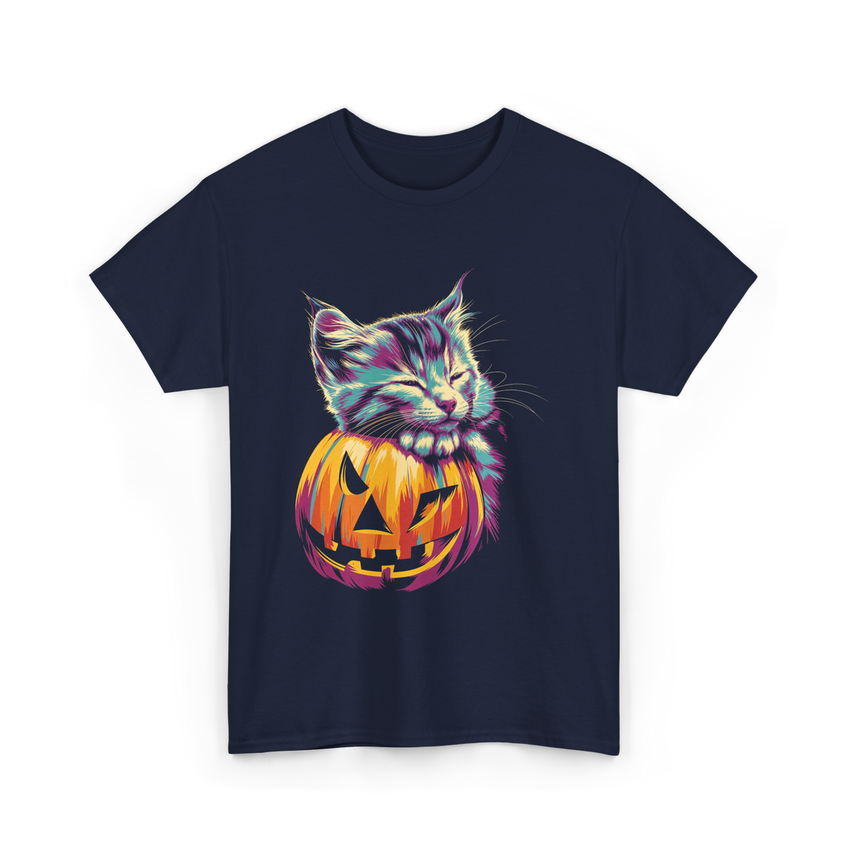 Cute Cat Pumpkin Halloween Cat Lover T-Shirt - Navy