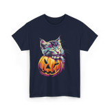 Cute Cat Pumpkin Halloween Cat Lover T-Shirt - Navy