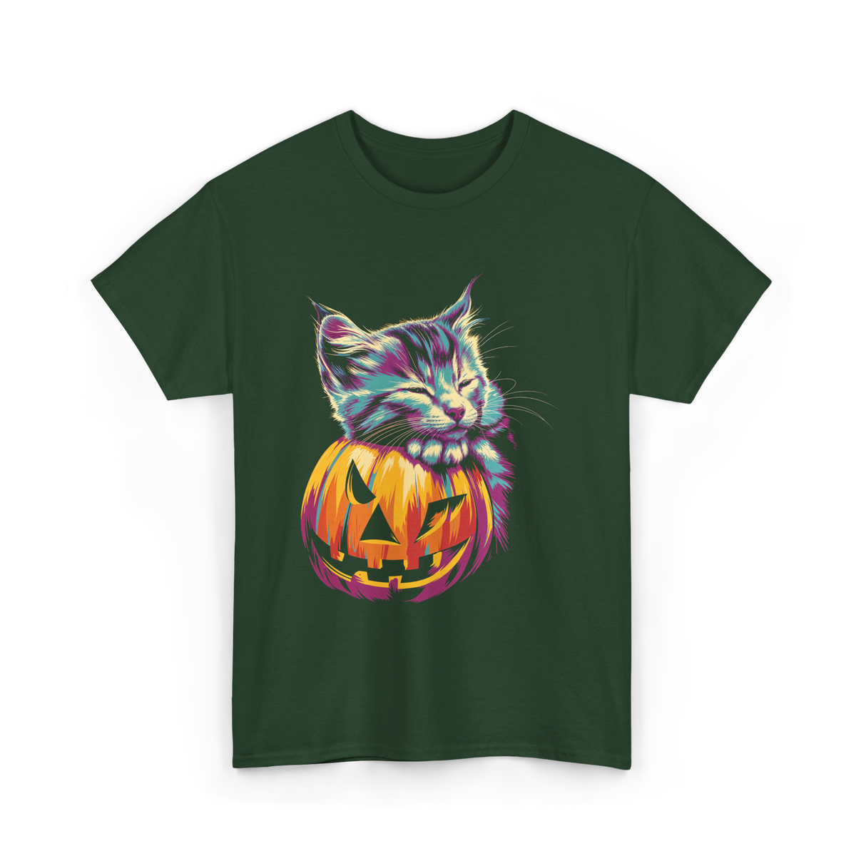 Cute Cat Pumpkin Halloween Cat Lover T-Shirt - Forest Green