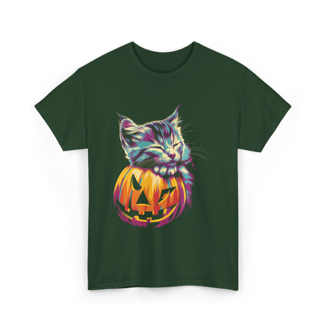 Cute Cat Pumpkin Halloween Cat Lover T-Shirt - Forest Green