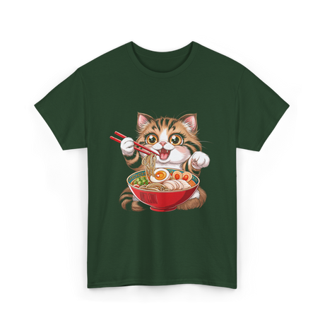 Cute Cat Ramen Anime Cat T-Shirt - Forest Green