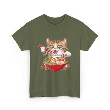 Cute Cat Ramen Anime Cat T-Shirt - Military Green