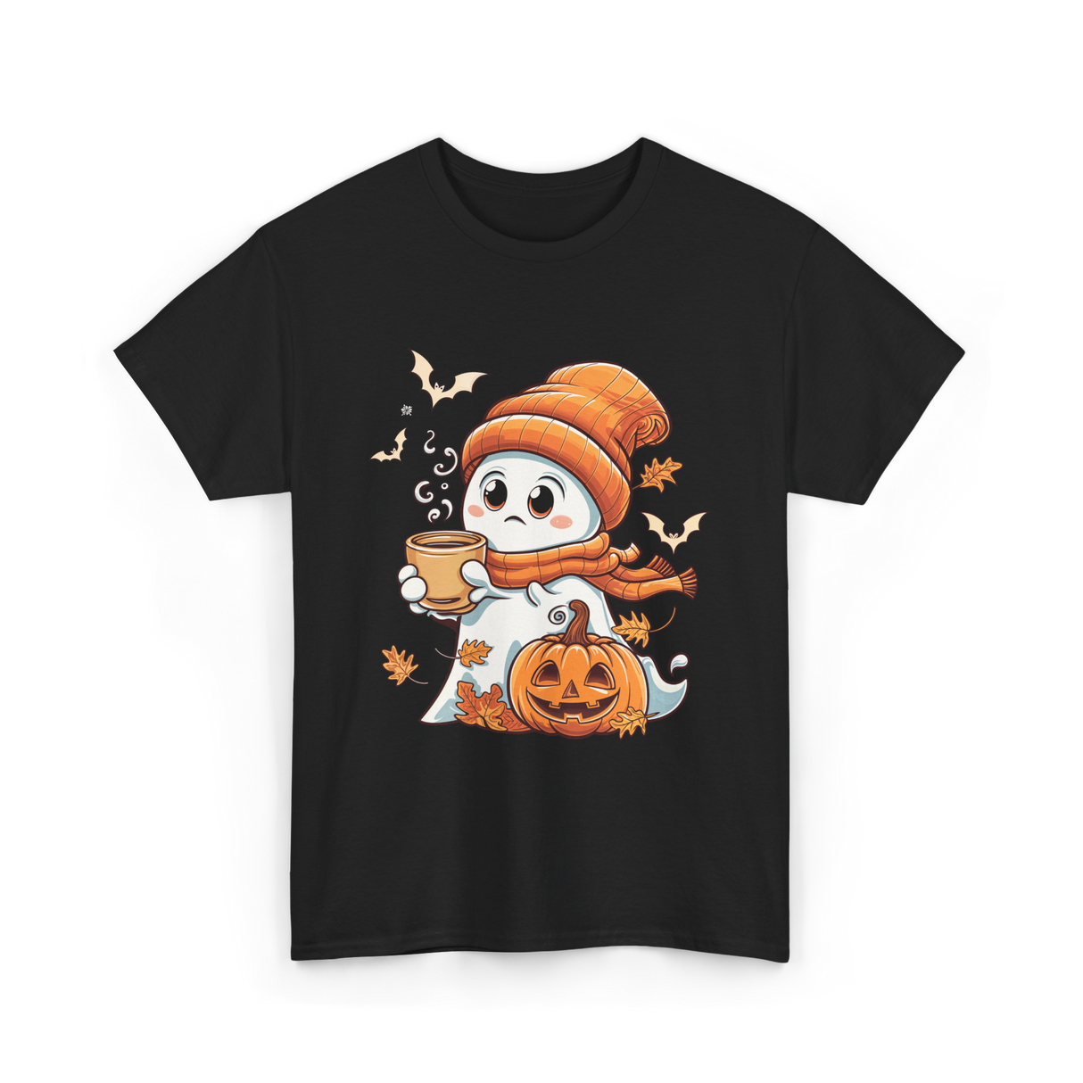 Cute Ghost Halloween Pumpkin Coffee T-Shirt - Black