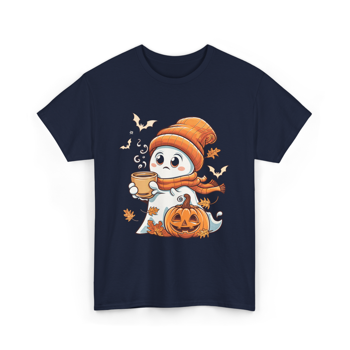 Cute Ghost Halloween Pumpkin Coffee T-Shirt - Navy