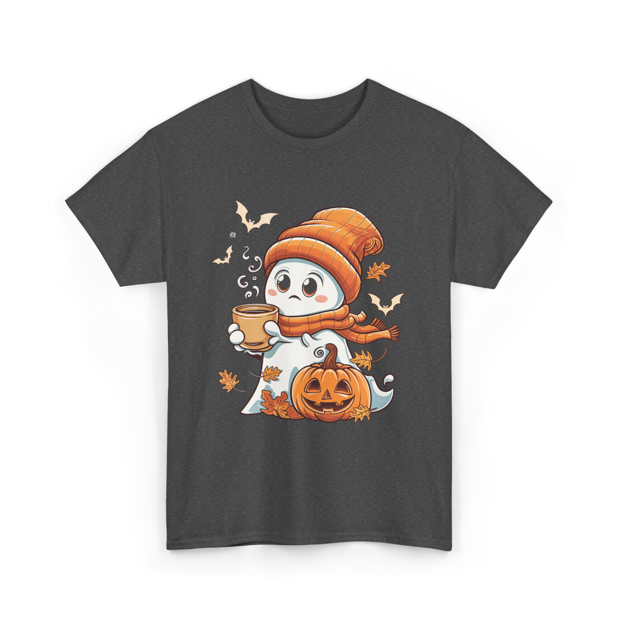 Cute Ghost Halloween Pumpkin Coffee T-Shirt - Dark Heather