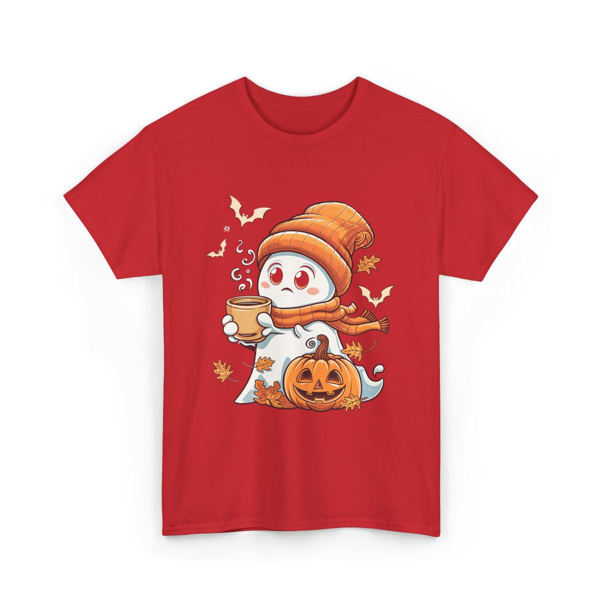 Cute Ghost Halloween Pumpkin Coffee T-Shirt - Red