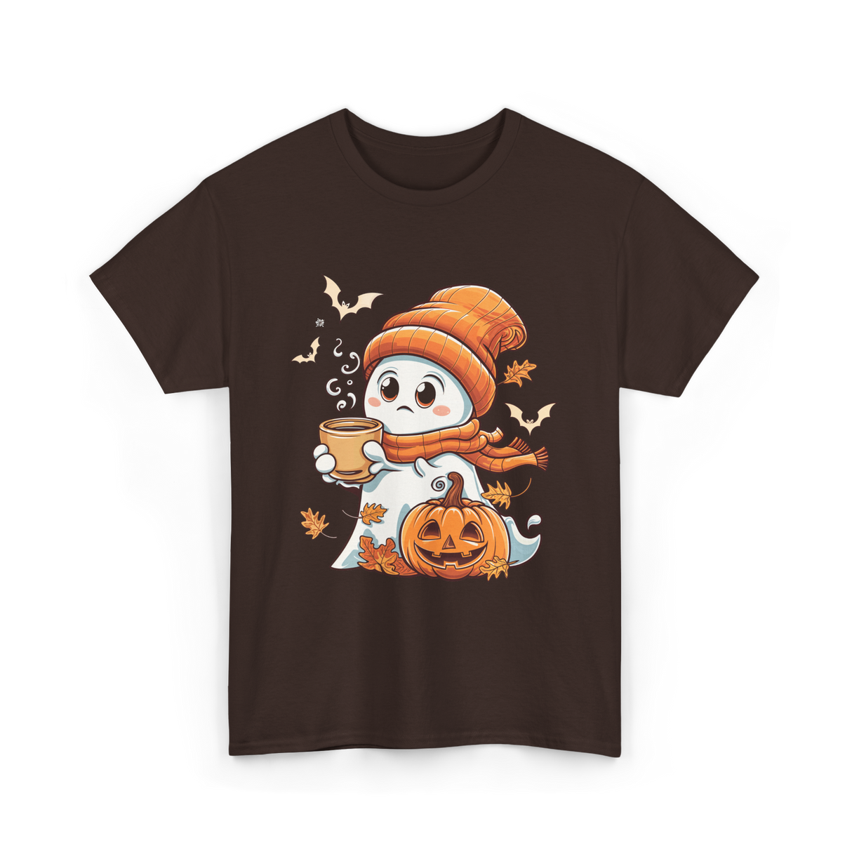 Cute Ghost Halloween Pumpkin Coffee T-Shirt - Dark Chocolate