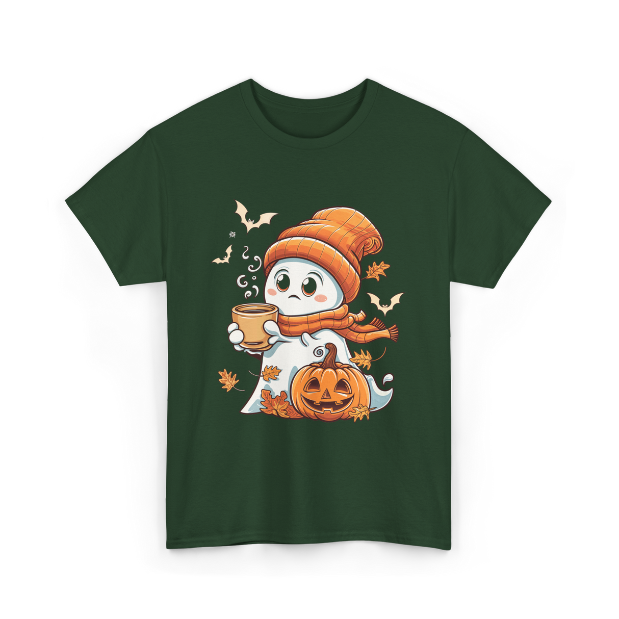 Cute Ghost Halloween Pumpkin Coffee T-Shirt - Forest Green