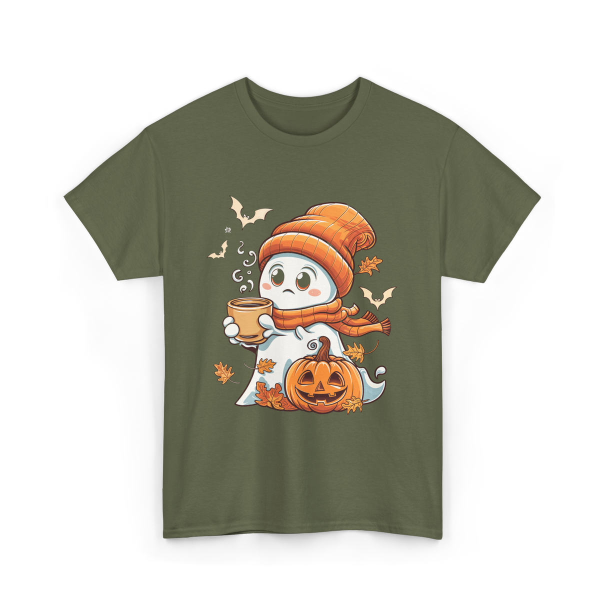 Cute Ghost Halloween Pumpkin Coffee T-Shirt - Military Green