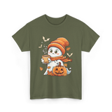 Cute Ghost Halloween Pumpkin Coffee T-Shirt - Military Green