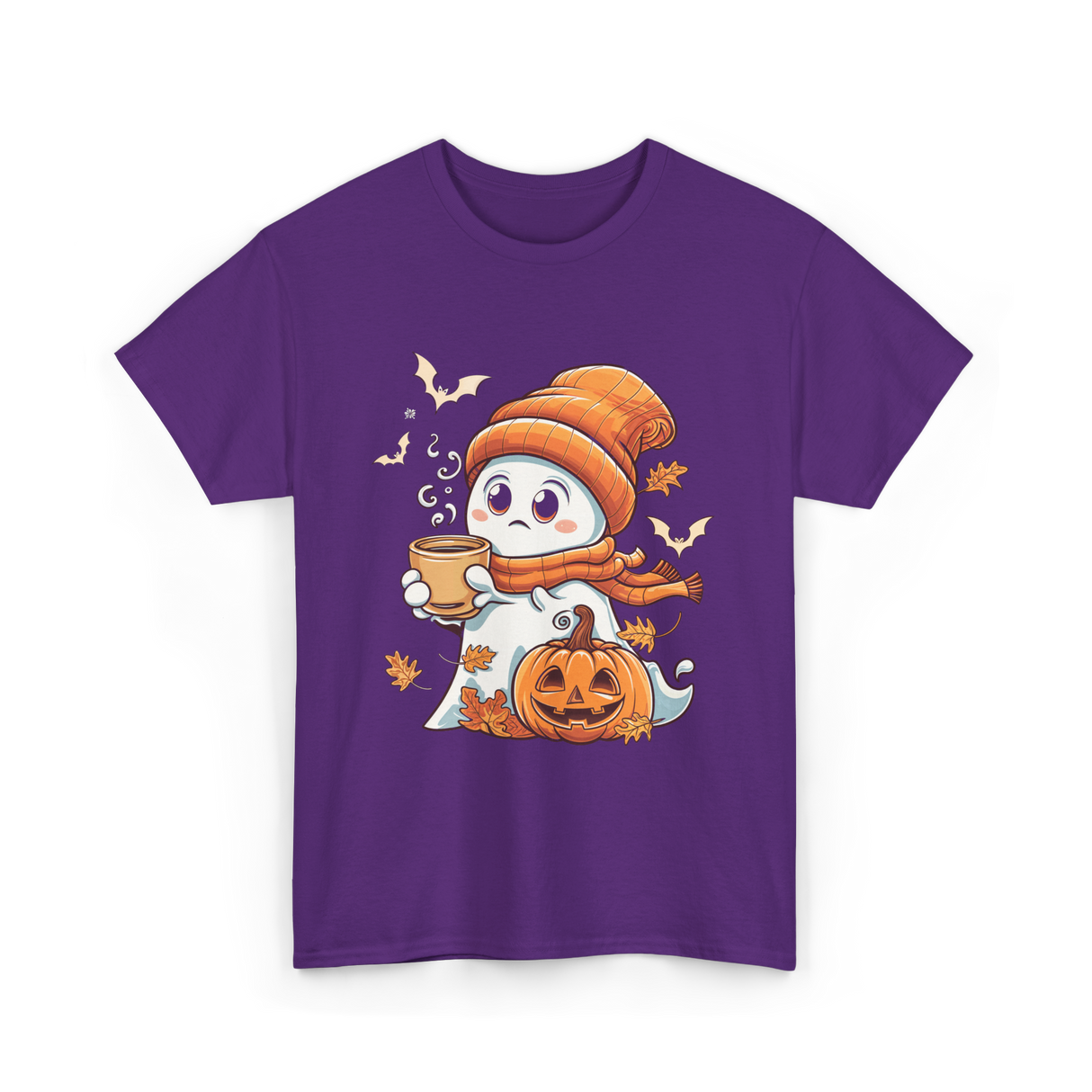 Cute Ghost Halloween Pumpkin Coffee T-Shirt - Purple