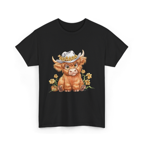 Cute Highland Cow Cattle Floral T-Shirt - Black