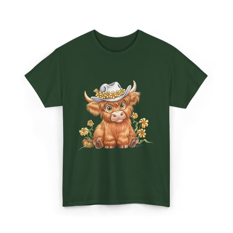 Cute Highland Cow Cattle Floral T-Shirt - Forest Green