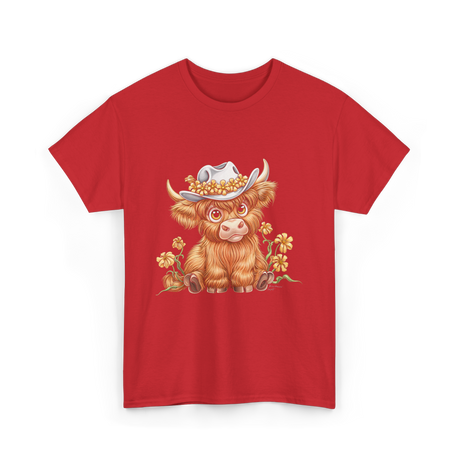 Cute Highland Cow Cattle Floral T-Shirt - Red