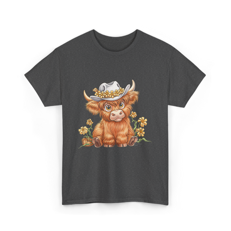 Cute Highland Cow Cattle Floral T-Shirt - Dark Heather