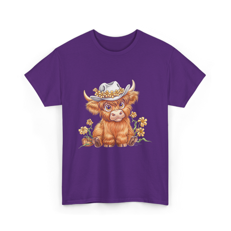 Cute Highland Cow Cattle Floral T-Shirt - Purple