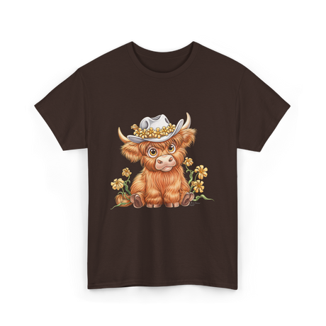 Cute Highland Cow Cattle Floral T-Shirt - Dark Chocolate