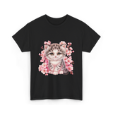 Cute Kitten Cherry Blossoms Cat T-Shirt - Black