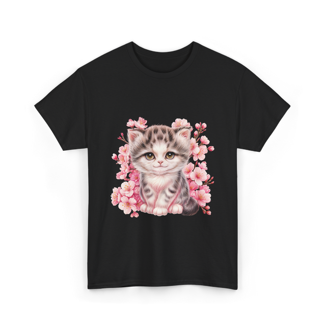 Cute Kitten Cherry Blossoms Cat T-Shirt - Black