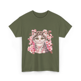 Cute Kitten Cherry Blossoms Cat T-Shirt - Military Green