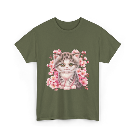 Cute Kitten Cherry Blossoms Cat T-Shirt - Military Green