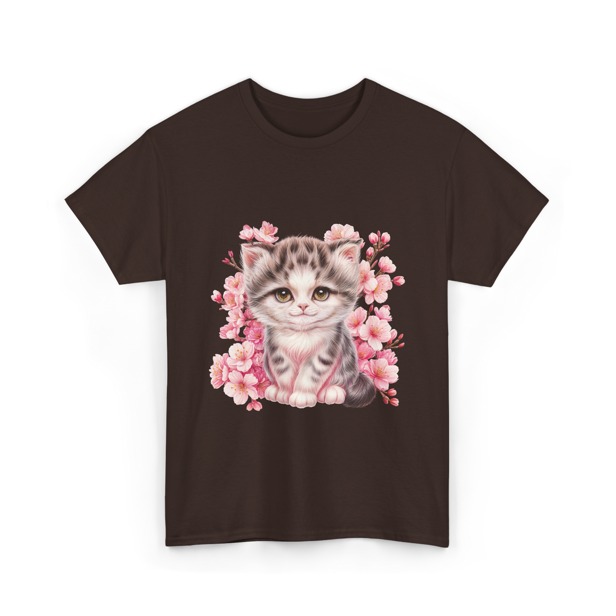 Cute Kitten Cherry Blossoms Cat T-Shirt - Dark Chocolate