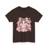 Cute Kitten Cherry Blossoms Cat T-Shirt - Dark Chocolate