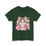 Cute Kitten Cherry Blossoms Cat T-Shirt - Forest Green