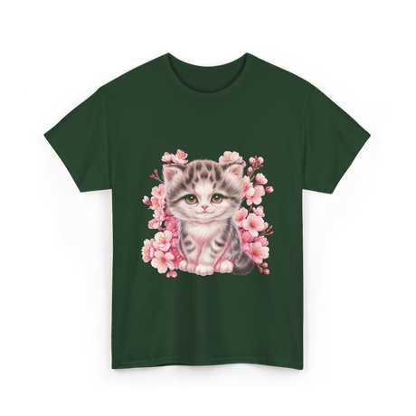 Cute Kitten Cherry Blossoms Cat T-Shirt - Forest Green