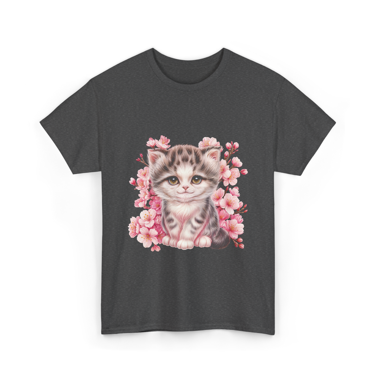 Cute Kitten Cherry Blossoms Cat T-Shirt - Dark Heather