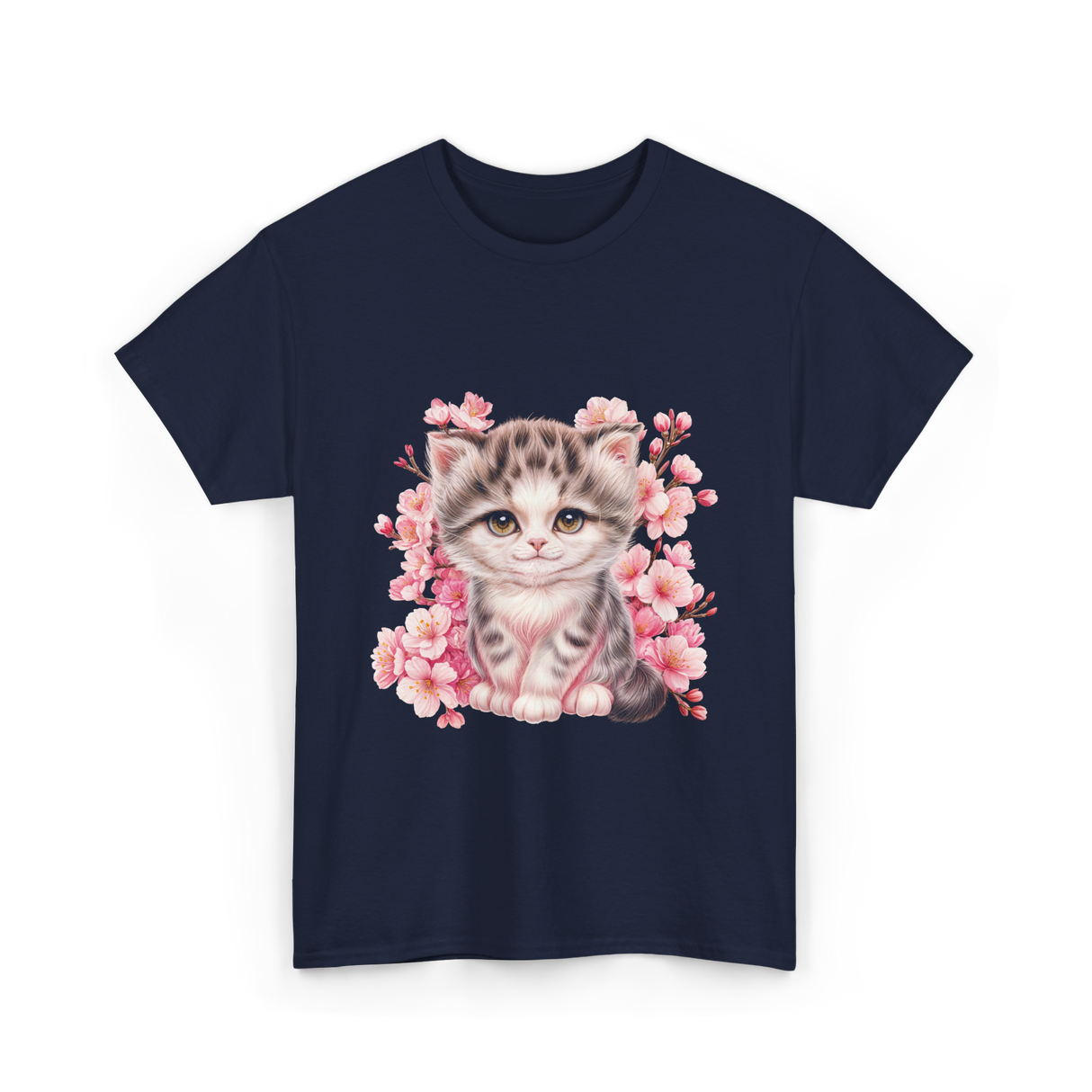 Cute Kitten Cherry Blossoms Cat T-Shirt - Navy