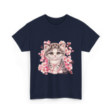 Cute Kitten Cherry Blossoms Cat T-Shirt - Navy