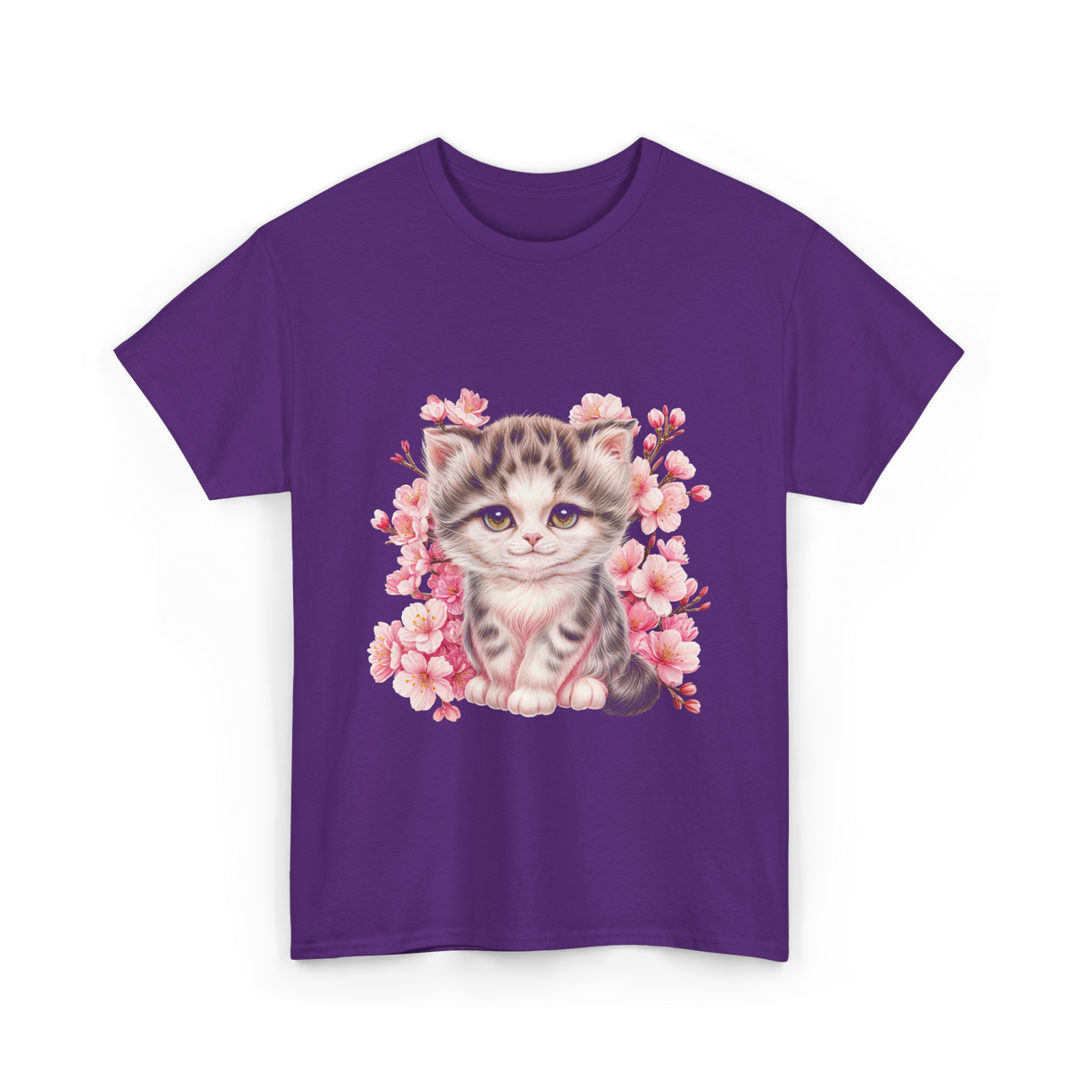 Cute Kitten Cherry Blossoms Cat T-Shirt - Purple