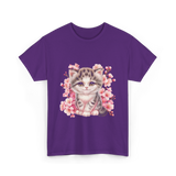 Cute Kitten Cherry Blossoms Cat T-Shirt - Purple