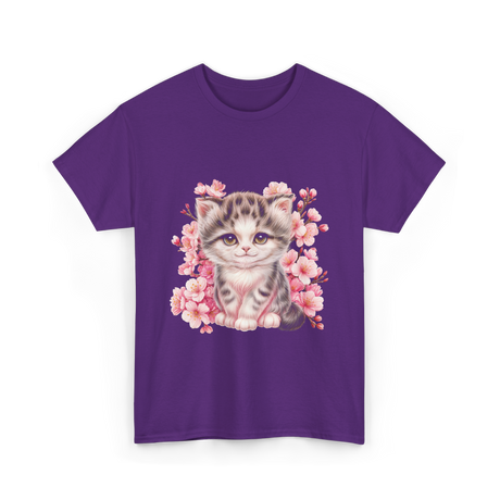 Cute Kitten Cherry Blossoms Cat T-Shirt - Purple