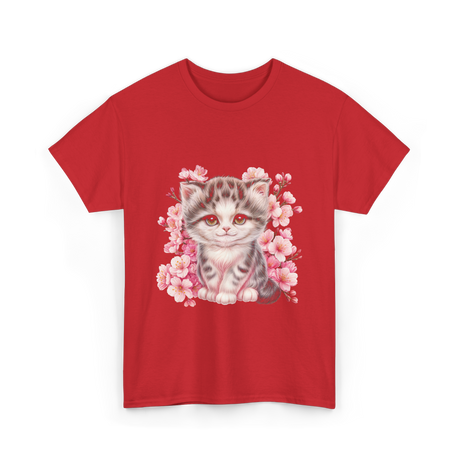 Cute Kitten Cherry Blossoms Cat T-Shirt - Red