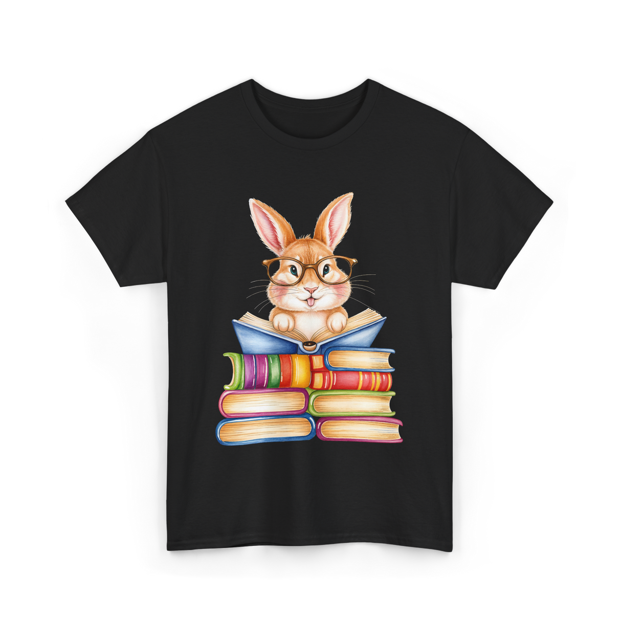 Cute Reading Bunny Books Reader T-Shirt - Black